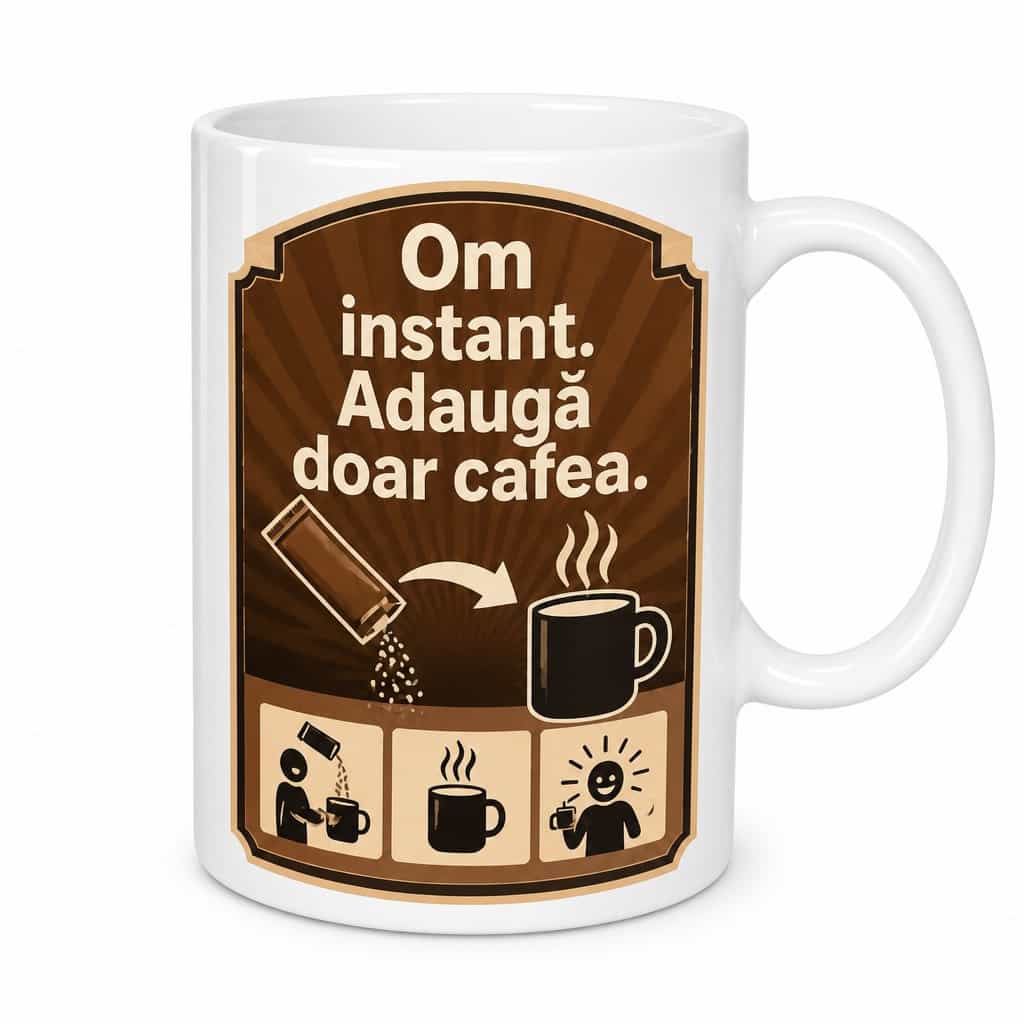 Cană cu mesaj – Om instant. Adaugă doar cafea.