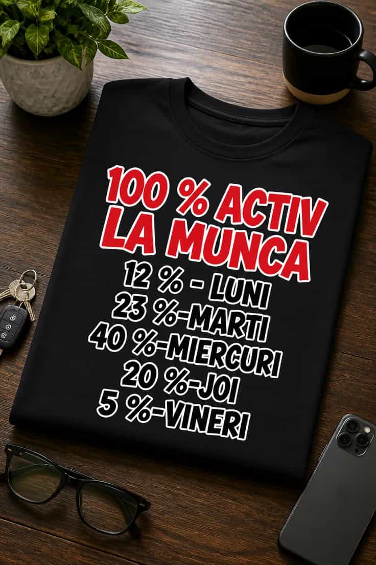 Tricou 100% activ la muncă, procente amuzante pe zile