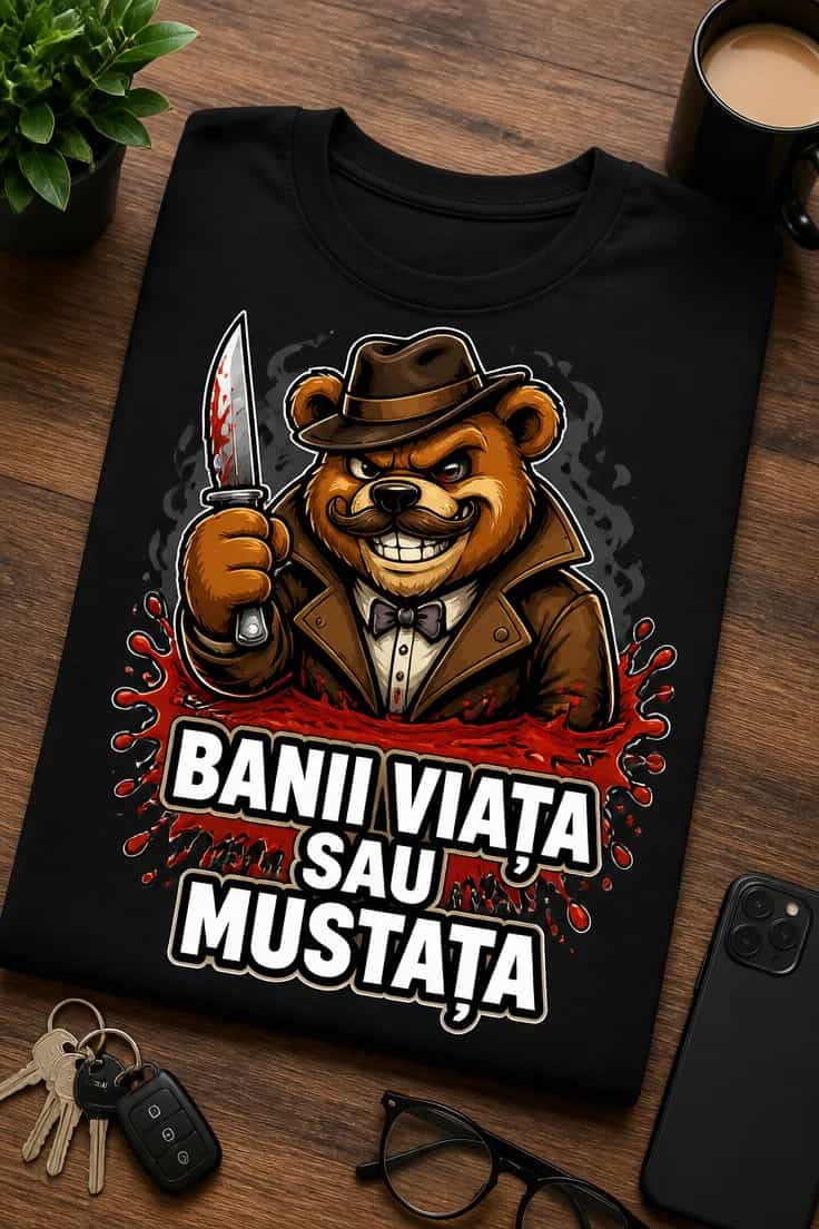 Tricou cu un motiv mustață – Banii Viața sau mustața