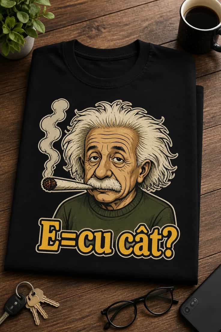 Tricou cu un motiv Einstein – E=cu cât?