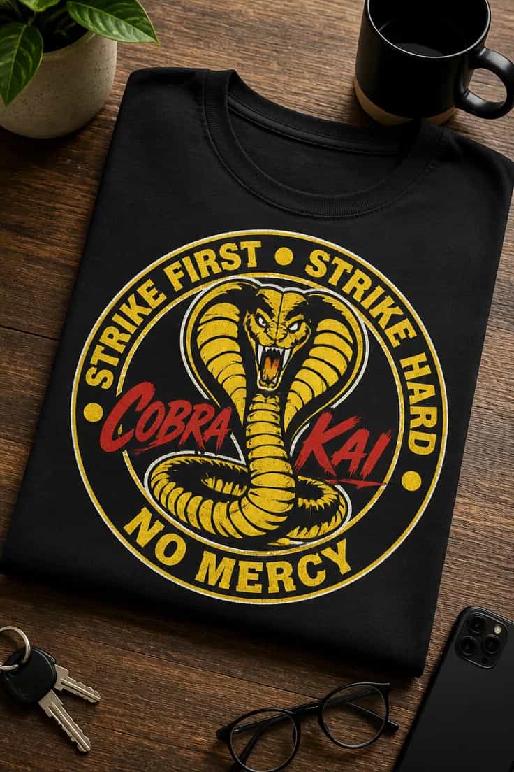 Tricou Cobra Kai – Strike first, strike hard, no mercy