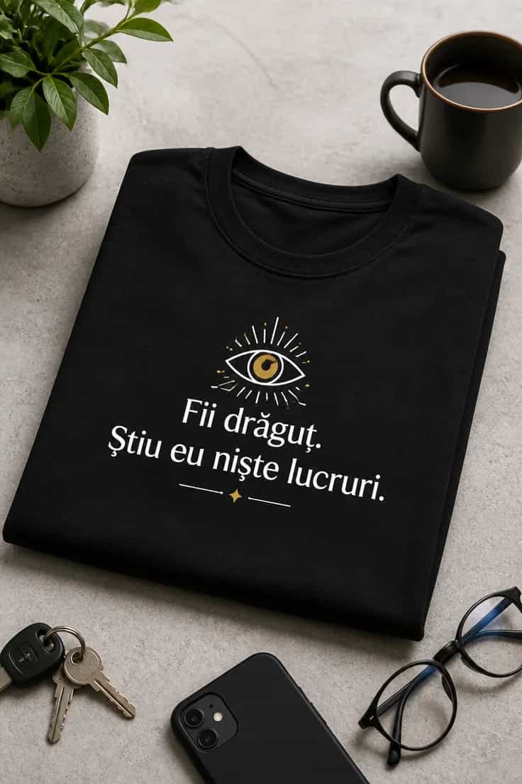 Tricou amuzant cu mesaj – Fii drăguț. Știu eu niște lucruri.