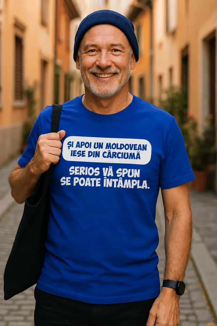 Tricou amuzant moldovean iese din cârciumă cu replică