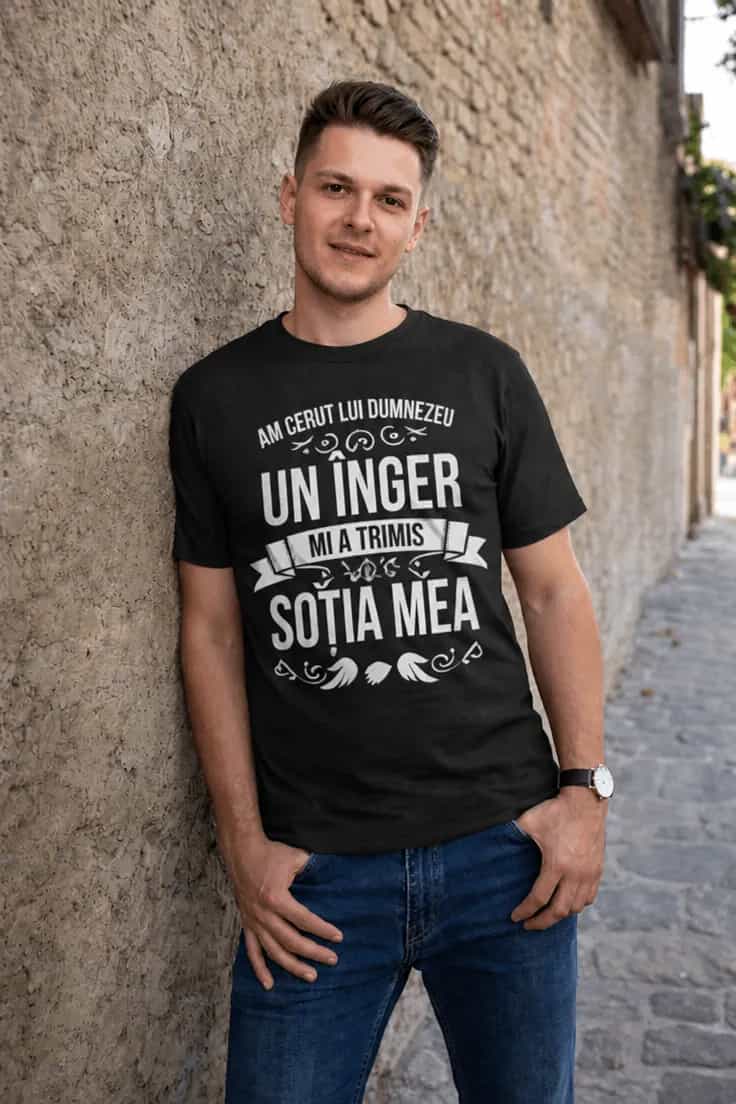 Tricou amuzant Îngerul meu este soția - AM CERUT