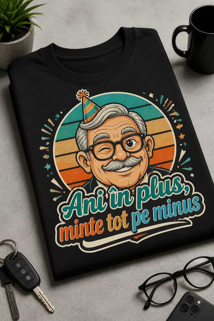 Tricou aniversar amuzant: Ani în plus, minte tot pe minus