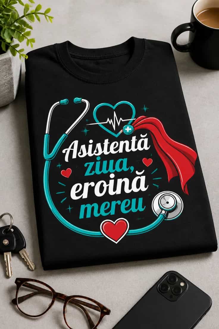 Tricou „Asistentă ziua, eroină mereu”