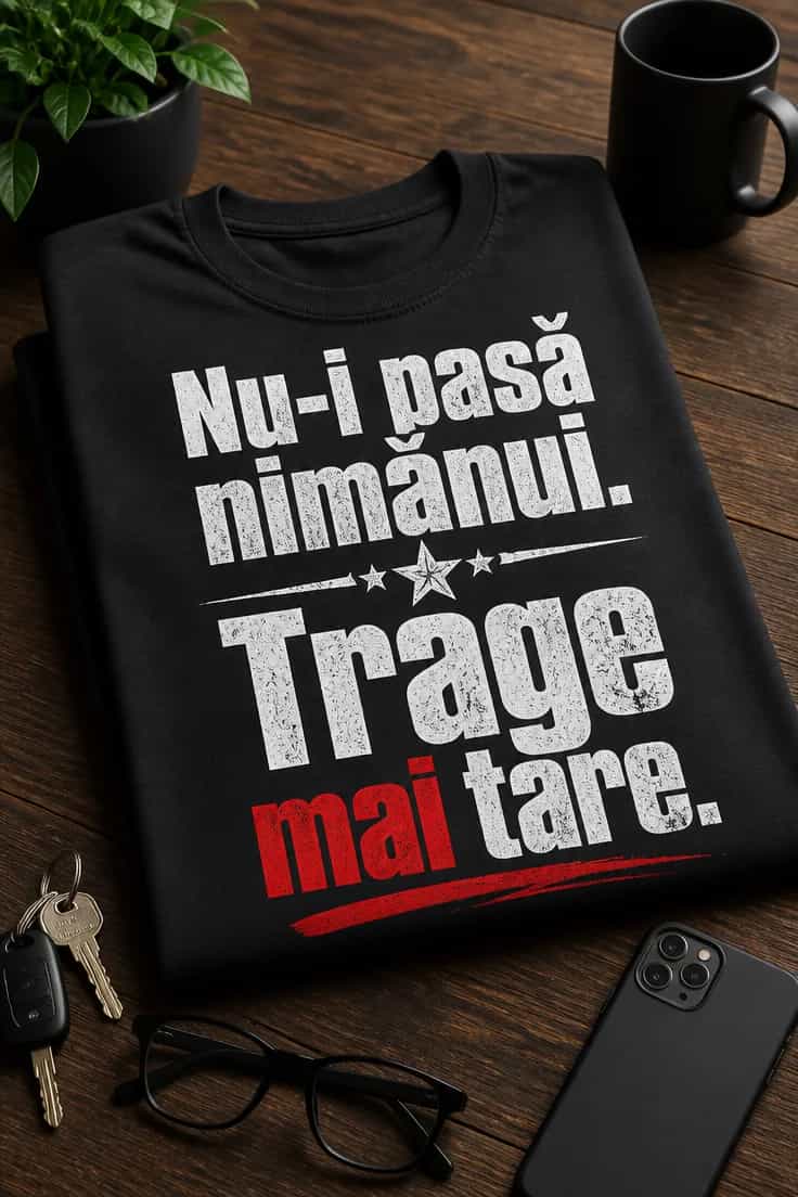 Tricou cu slogan Nu-i pasă nimănui. Trage mai tare.