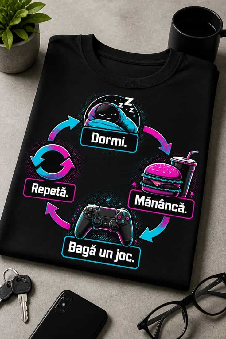 Tricou gamer „Dormi. Mănâncă. Bagă un joc. Repetă.”