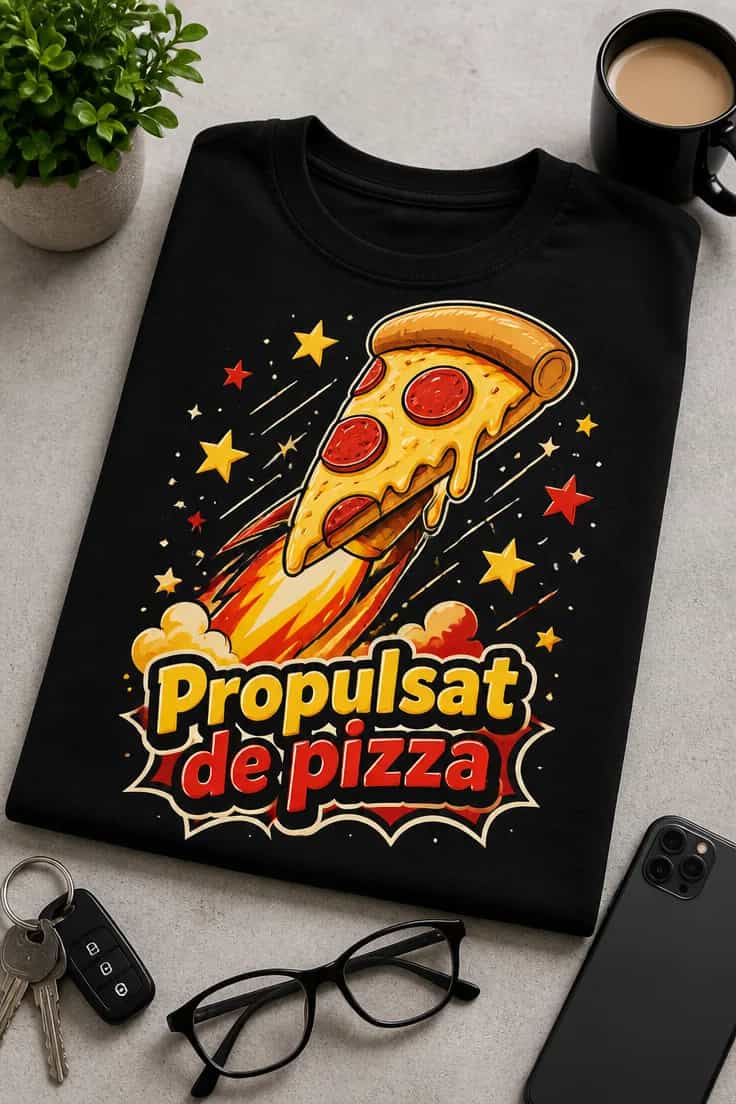 Tricou personalizat cu pizza „Propulsat de pizza”