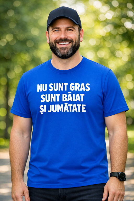 Tricou amuzant „Nu sunt gras, sunt băiat și jumătate” – albastru