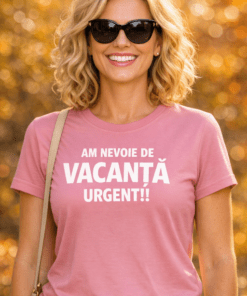 Tricou amuzant de damă „AM NEVOIE DE VACANȚĂ URGENT!!” (roz)