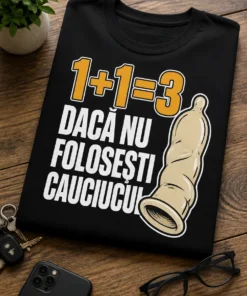Tricou pentru adultului cu umor obraznic – 1+1=3 dacă Nu folosești cauciucul – tricou amuzant cu mesaj