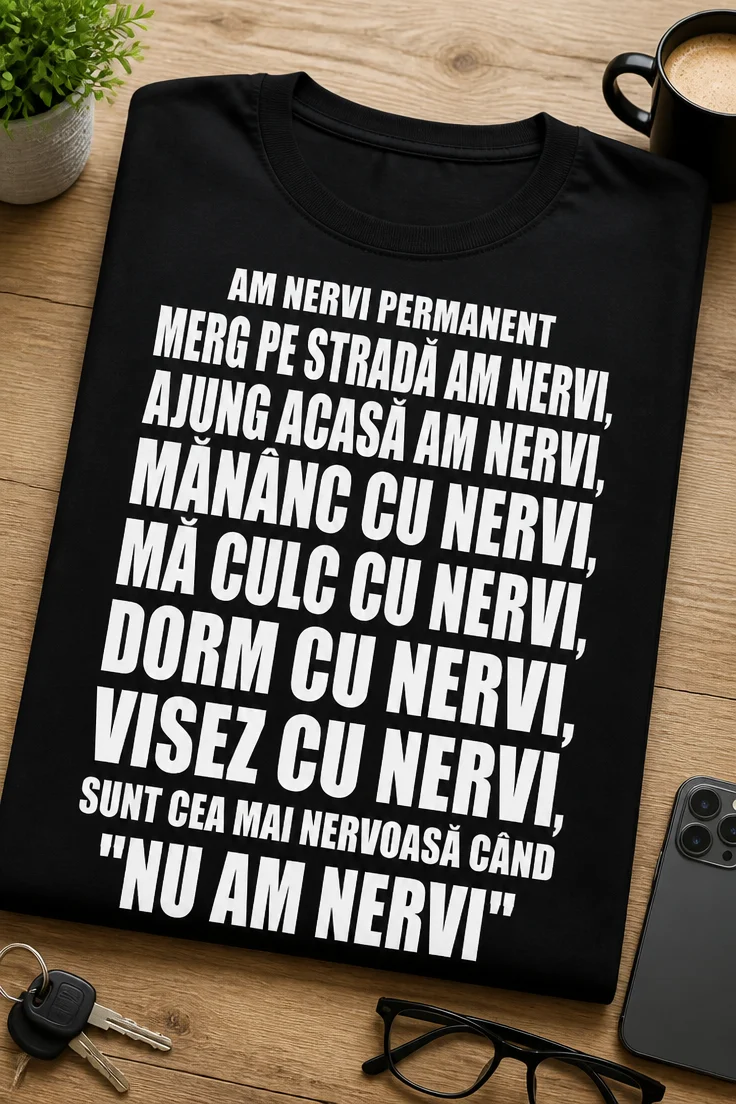 Tricou pentru femeia nervoasă – Am Nervi Permanent merg Pe Stradă Am Nervi, ajung Acasă Am Nervi, mănânc Cu Nervi, mă Culc Cu Nervi, dorm Cu Nervi, visez Cu Nervi, sunt Cea Mai Nervoasă Când, "nu Am Nervi" – tricou amuzant cu mesaj