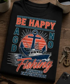 Tricou pentru pescar – Be Happy a G n O D Fishing FISHING EXPEDITION – tricou amuzant cu mesaj
