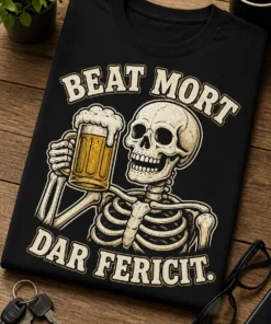 Tricou pentru iubitorului de bere – Beat Mort dar Fericit. – tricou amuzant cu mesaj