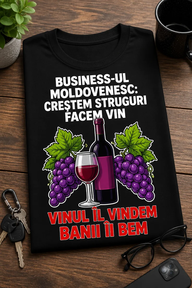 Tricou pentru iubitorului de vin – Business-ul moldovenesc: creștem Struguri facem Vin vinul Îl Vindem banii Îi Bem – tricou amuzant cu mesaj