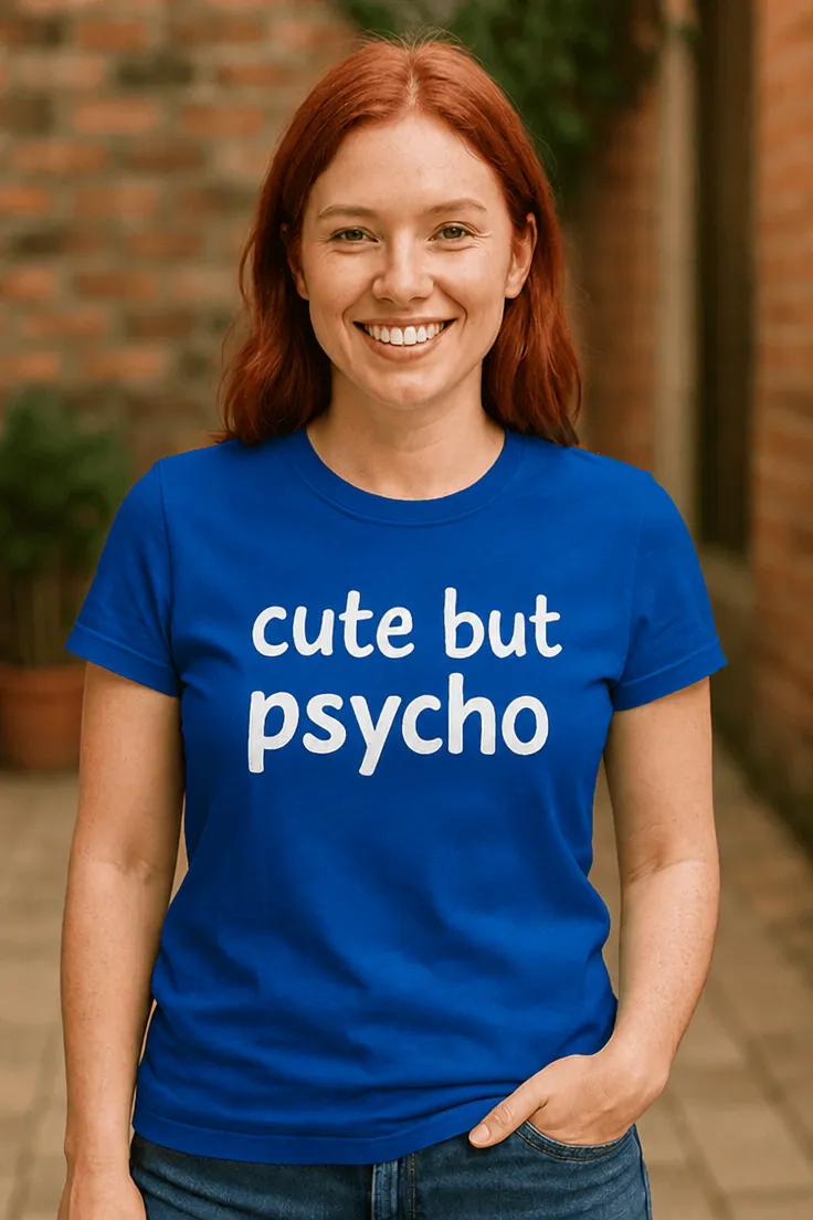 Tricou amuzant Cute but psycho, idee de cadou pentru zi de naștere sau petrecere între prieteni