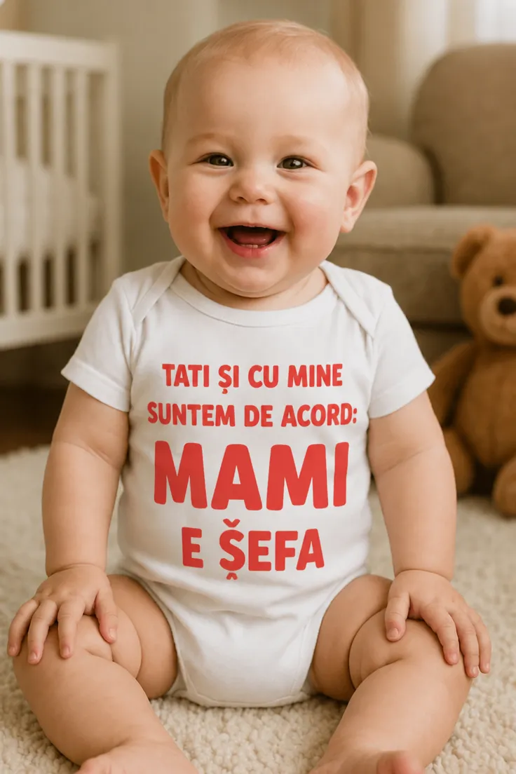 Body bebeluș Mami e șefa cu mesajul TATI ȘI CU MINE SUNTEM DE ACORD: MAMI E ȘEFA.