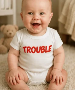 Body bebeluș Trouble cu imprimeu TROUBLE, cadou amuzant pentru nou-născut