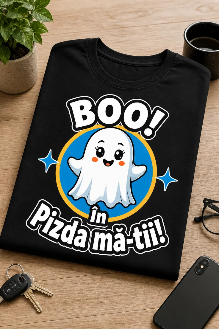 Tricou cu un motiv Halloween – BOO! În Pizda mă-tii! – tricou amuzant cu mesaj