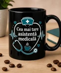 Cană cadou pentru asistentă medicală, cu sloganul „Cea mai tare asistentă medicală”, design minimalist cu linie EKG și inimă, în culori teal și alb.