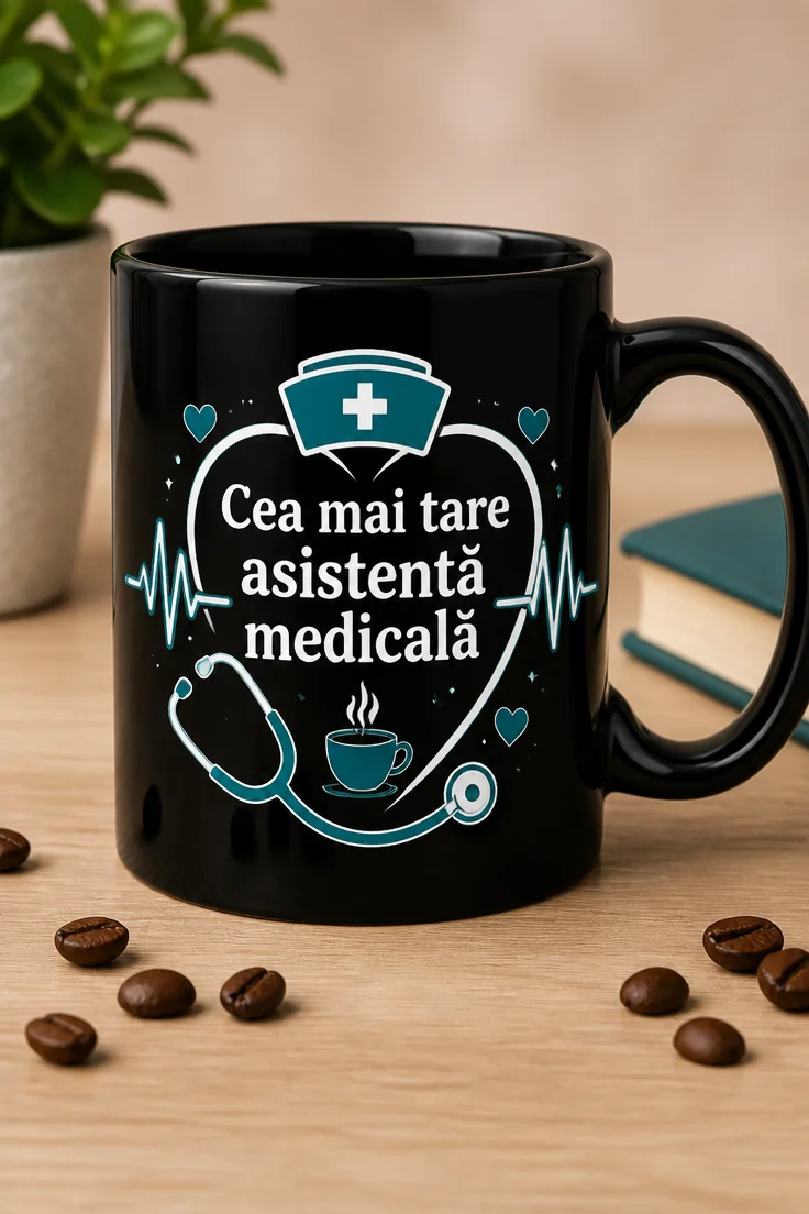 Cană cadou pentru asistentă medicală, cu sloganul „Cea mai tare asistentă medicală”, design minimalist cu linie EKG și inimă, în culori teal și alb.
