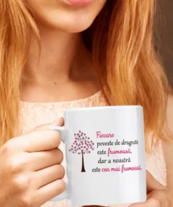 Cană amuzantă Poveste de dragoste cu mesaj romantic pentru cadou de cuplu