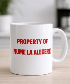 Cană amuzantă Property of cu nume personalizat, cu textul PROPERTY OF NUME LA ALEGERE