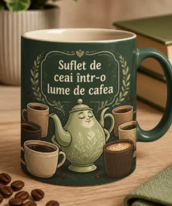 Cană cadou cu sloganul „Suflet de ceai într-o lume de cafea”, ilustrată cu un ceainic mândru înconjurat de cești de cafea, în tonuri sage green și crem.
