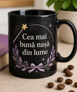 Cană elegantă pentru nașă, cu mesajul „Cea mai bună nașă din lume”, în tonuri lavandă și auriu, cu baghetă magică și stele fine.