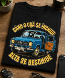 Tricou cu un motiv mașină – Când O Ușă Se Închide alta Se Deschide – tricou amuzant cu mesaj