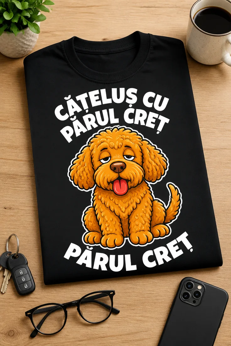 Tricou cu un motiv cățeluș creț – Cățeluș Cu părul Creț – tricou amuzant cu mesaj
