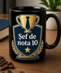 Cană cadou pentru șef, cu design tip trofeu și sloganul „Șef de nota 10”, în culori navy și aurii.