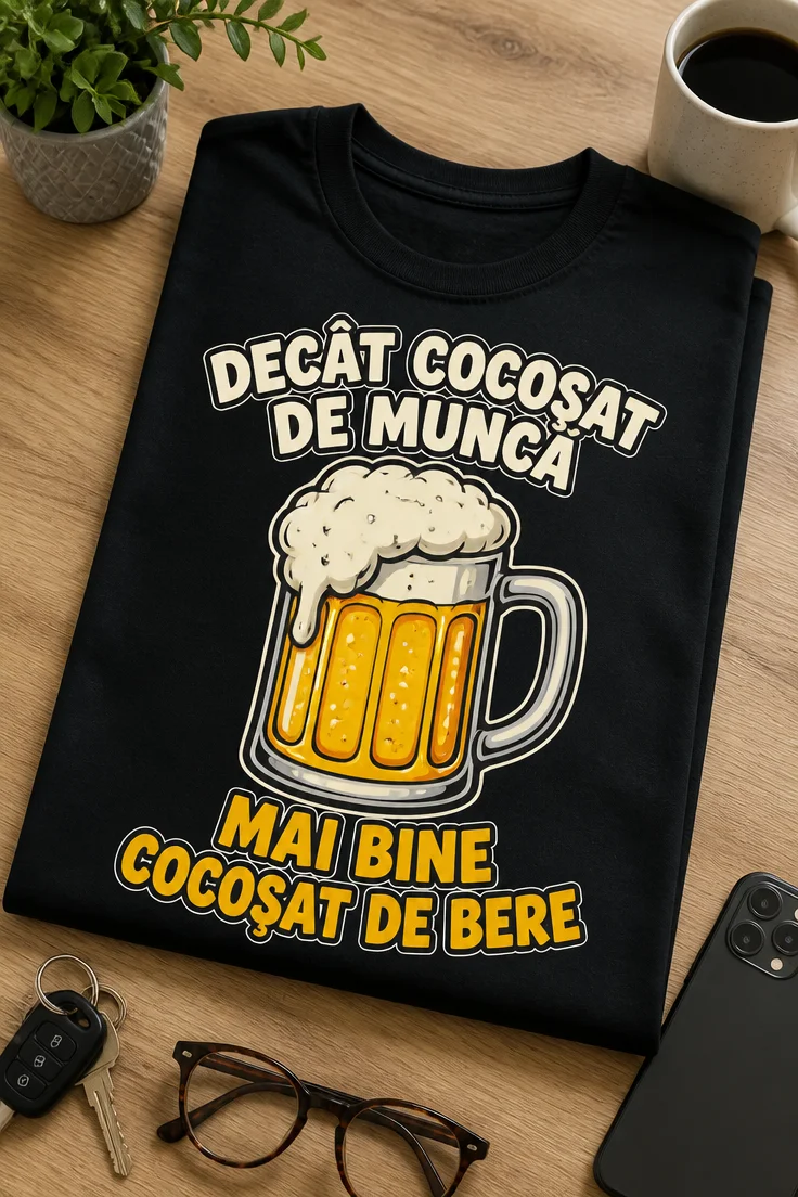 Tricou pentru iubitorului de bere – Decât Cocoșat de Muncă mai Bine cocoșat De Bere – tricou amuzant cu mesaj