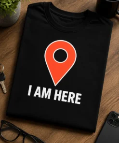 Tricou cu un motiv locație – I Am Here – tricou amuzant cu mesaj