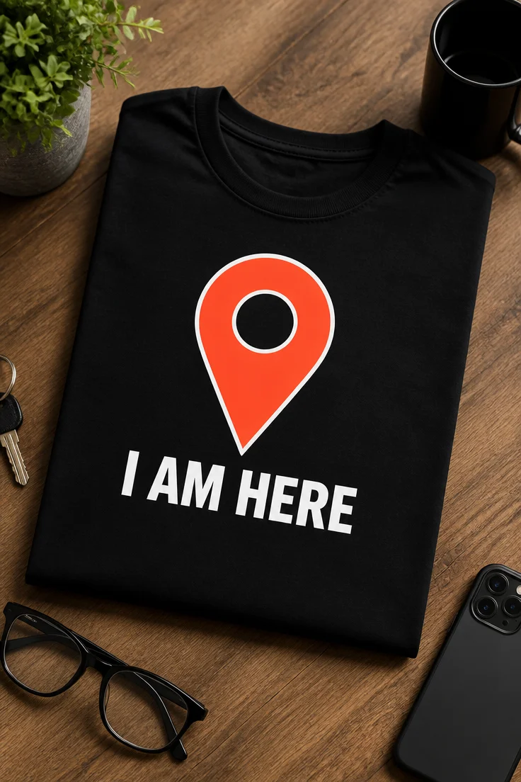 Tricou cu un motiv locație – I Am Here – tricou amuzant cu mesaj