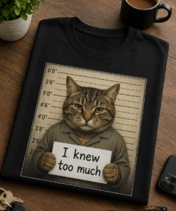 Tricou cu un motiv pisică ironică – I knew too much – tricou amuzant cu mesaj
