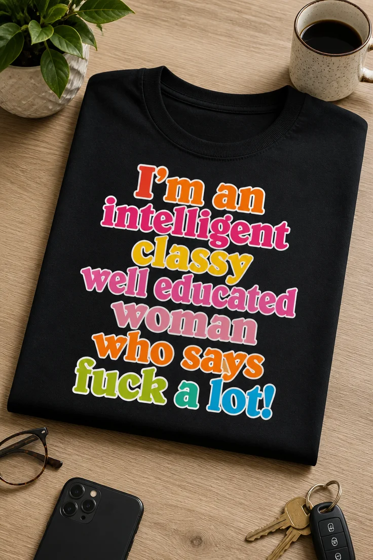 Tricou pentru femeia directă – I’m an intelligent classy well educated woman who says fuck a lot! – tricou amuzant cu mesaj