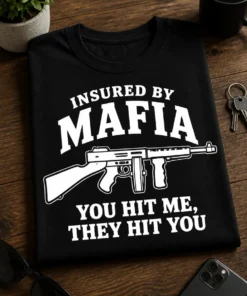 Tricou cu un motiv mafiot – Insured By mafia you Hit Me, they Hit You – tricou amuzant cu mesaj