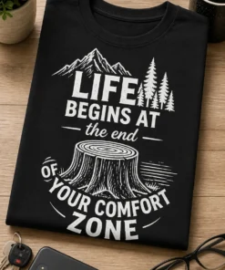 Tricou pentru aventurierului – Life begins AT the end OF Your Comfort zone – tricou amuzant cu mesaj