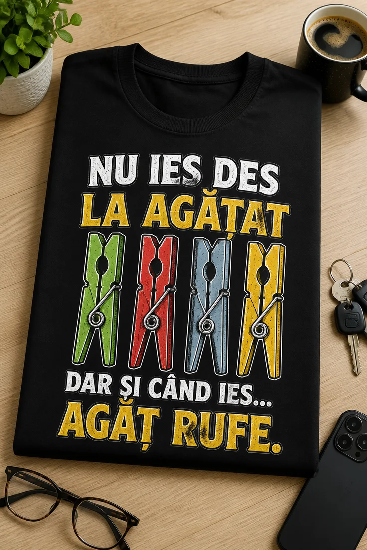 Tricou pentru gospodinei – Nu Ies Des la Agățat dar Și Când Ies... agăț Rufe. – tricou amuzant cu mesaj