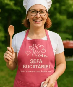 Șorț amuzant Șefa bucătăriei cu mesajul ȘEFA BUCĂTĂRIEI (GĂTESC MAI MULT DECÂT MOFTURI)