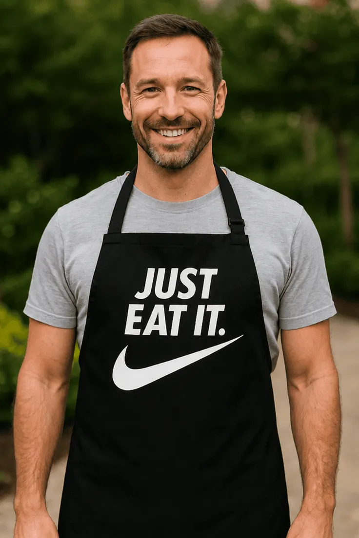 Șorț amuzant Just eat it, cadou de zi de naștere pentru pasionat de gătit și glume