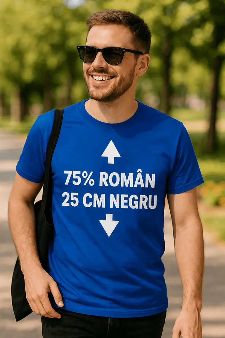 Tricou amuzant 75 procent român 25 cm cu textul 75% ROMÂN 25 CM NEGRU