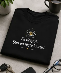 Tricou amuzant cu mesaj, cu textul „Fii drăguț. Știu eu niște lucruri.” și un ochi discret, design minimalist pentru adulți.