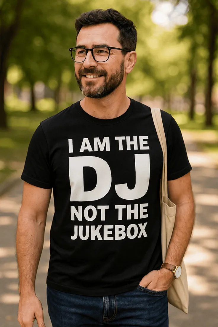 Tricou amuzant DJ nu tonomat cu mesajul I AM THE DJ NOT THE JUKEBOX