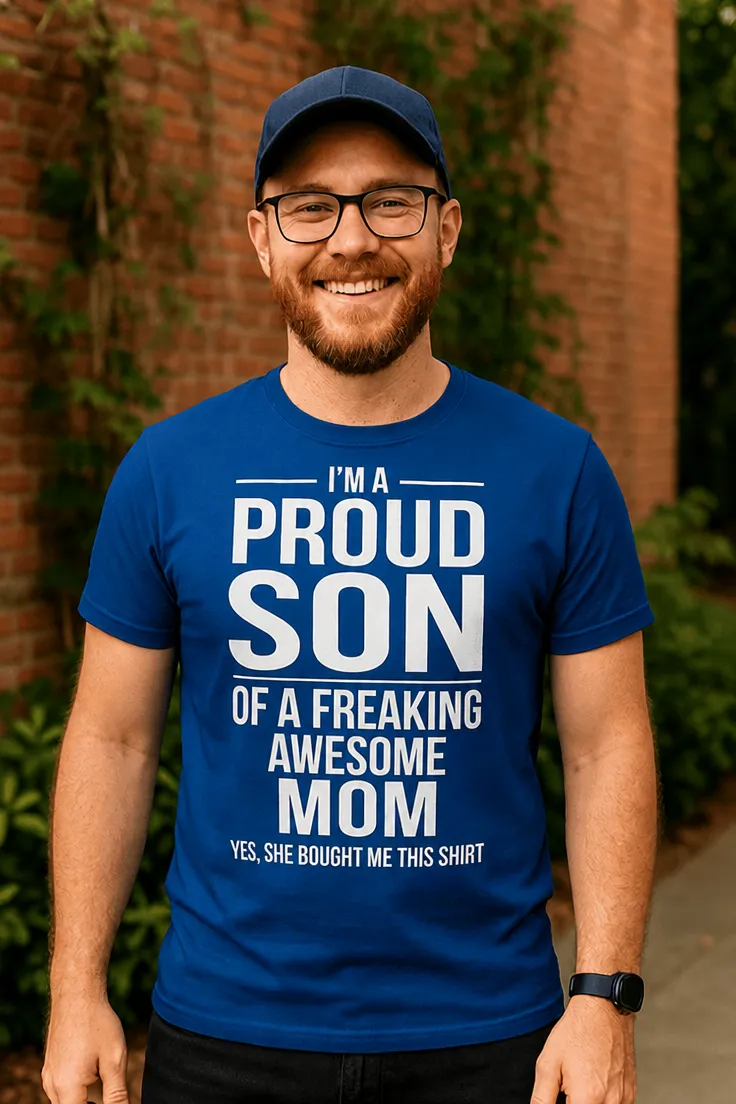 Tricou amuzant Fiu mândru de mamă cu mesajul I'M A PROUD SON OF A FREAKING AWESOME MOM YES, SHE BOUGHT ME THIS SHIRT