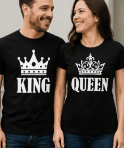 Tricou amuzant King queen pentru cuplu, set cu design KING QUEEN