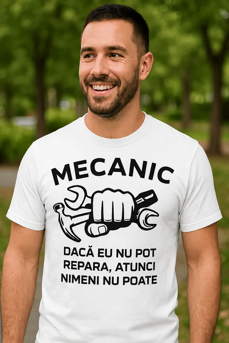 Tricou amuzant Mecanic repară orice cu mesaj pentru mecanic priceput