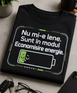 Tricou negru cu textul Nu mi-e lene. Sunt în modul Economisire energie. și icon baterie 5% cu față somnoroasă, design modern pentru adulți obosiți, gameri și office.